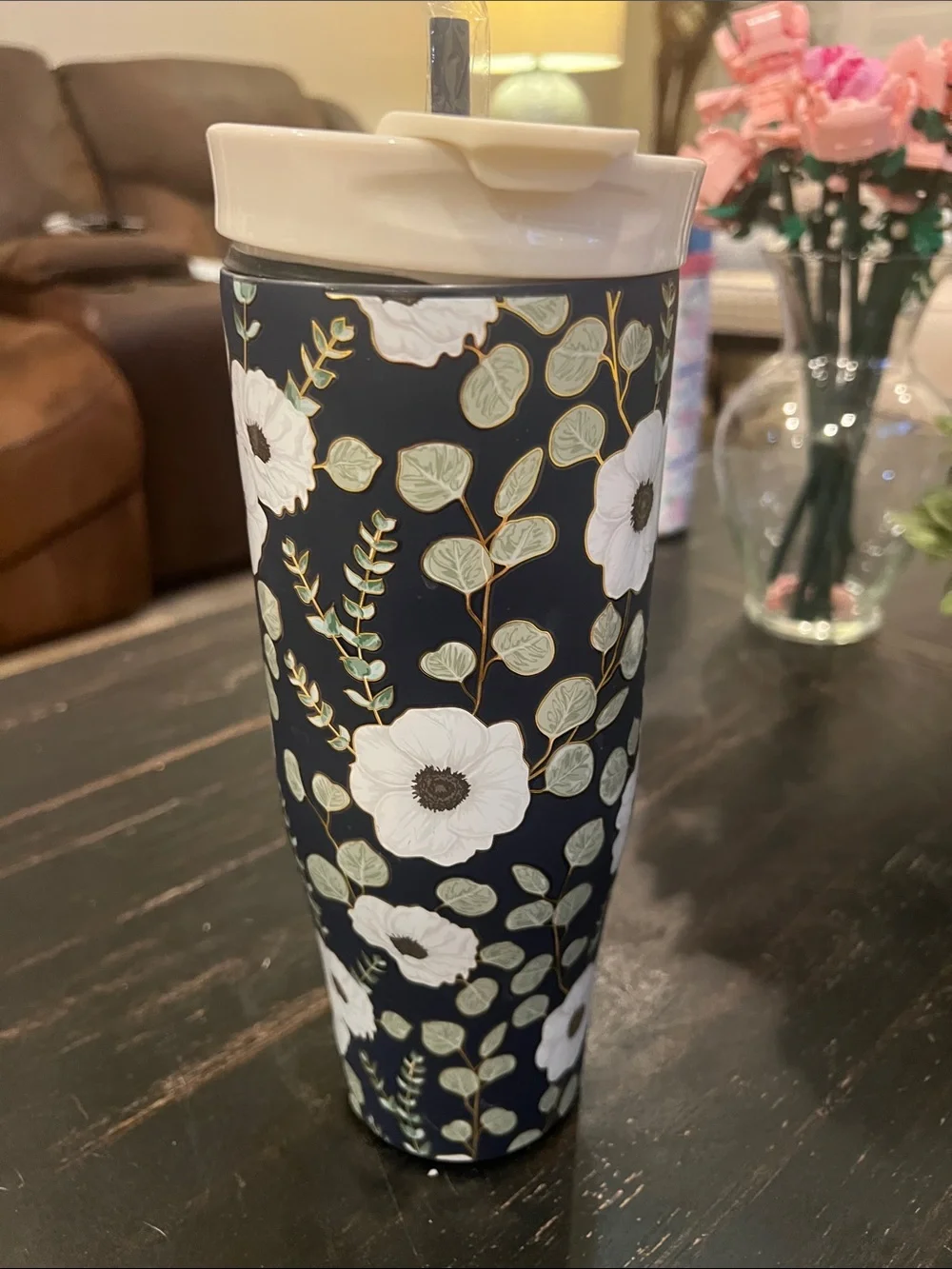 Simply Belle Navy Floral Travel Mug with Cream Handle and Lid